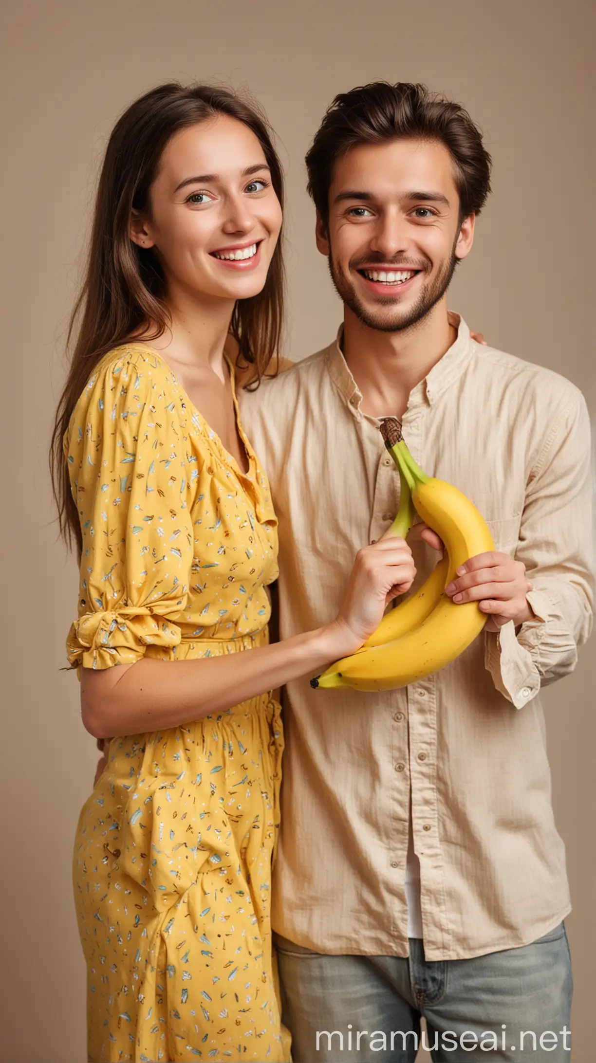 Happy Young Couple with Wife Holding a Banana
