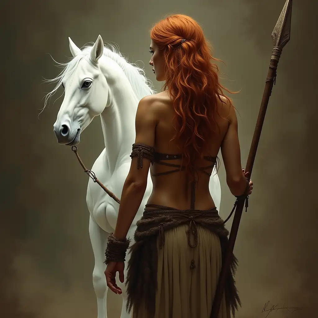 Create a fantasy-themed image of a female warrior from behind, with long, wavy auburn hair cascading down her back. The warrior should have tanned skin, a strong and toned body contour, and be wearing minimal armor that includes fur accents and strapped leather elements. Her clothing should reveal her muscular back and arms. She holds a long spear in her right hand, and its shape and design are tribal and primitive. The warrior is standing before a textured, gradient dark to light brown background that has an abstract quality. A mysterious, luminous, ethereal creature, resembling a white glowing horse with its mane flowing like liquid light, should be partially visible and blended into the scene on the left side of the composition. The overall aesthetic is evocative and surreal, with an emphasis on the powerful stance of the warrior and the contrast between her and the mystical creature she's beside. Include a subtle magical aura emanating from the creature that partially envelops both figures in an otherworldly glow.