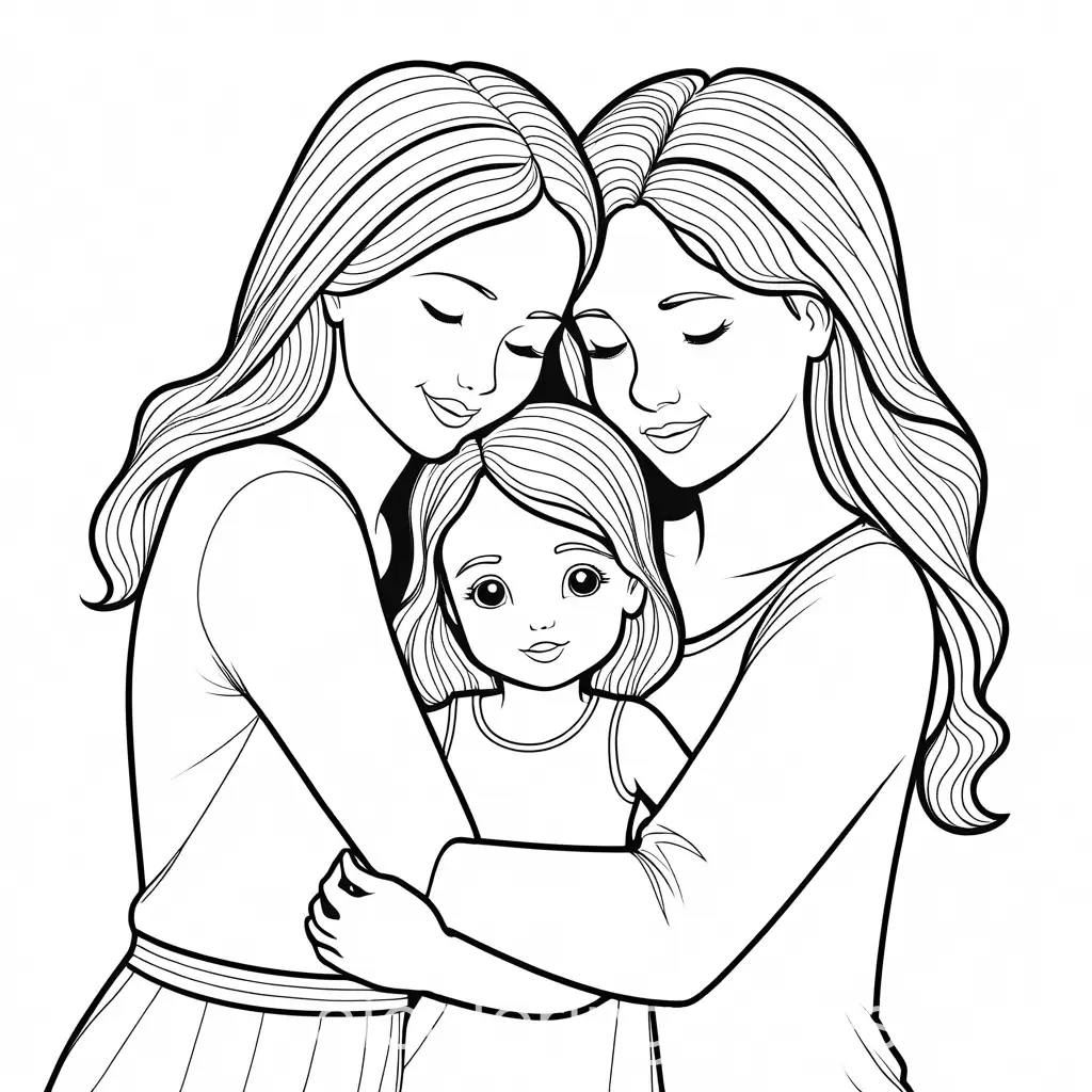 Parents-Hugging-with-Two-Daughters-Playing-Coloring-Page