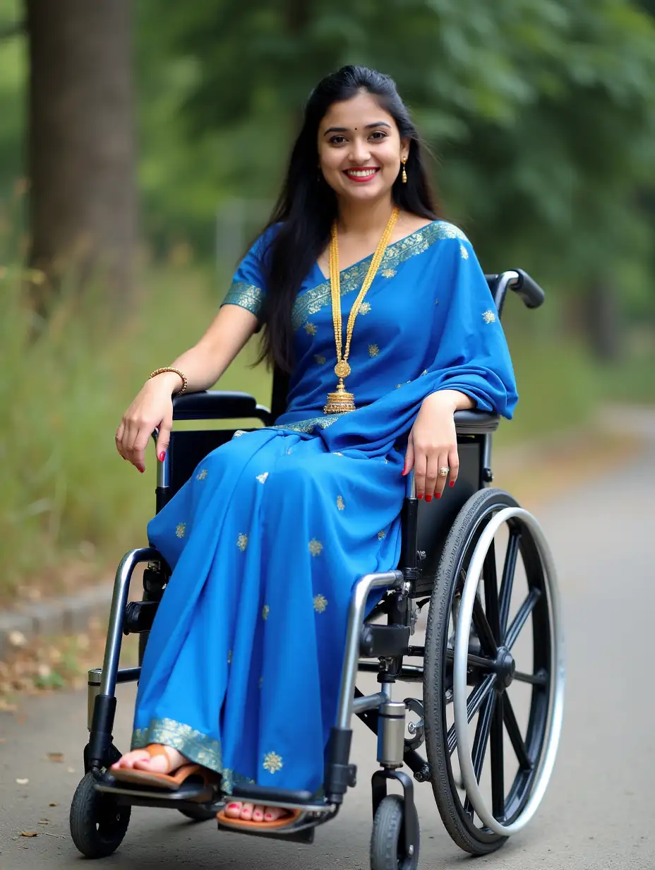 A young bride sitting in a wheelchair. She is wearing blue color saree in bengali style. Her hair is black and long. She is wearing golden jewellery in neck and hands. She used red lipstick. Her skin colour is fair and glowing. She is wearing beautiful sandals in her legs. Her legs are gently placed in the footrest of the wheelchair. She used red nail polish in her hands and legs. She is smiling gently and looking very beautiful.