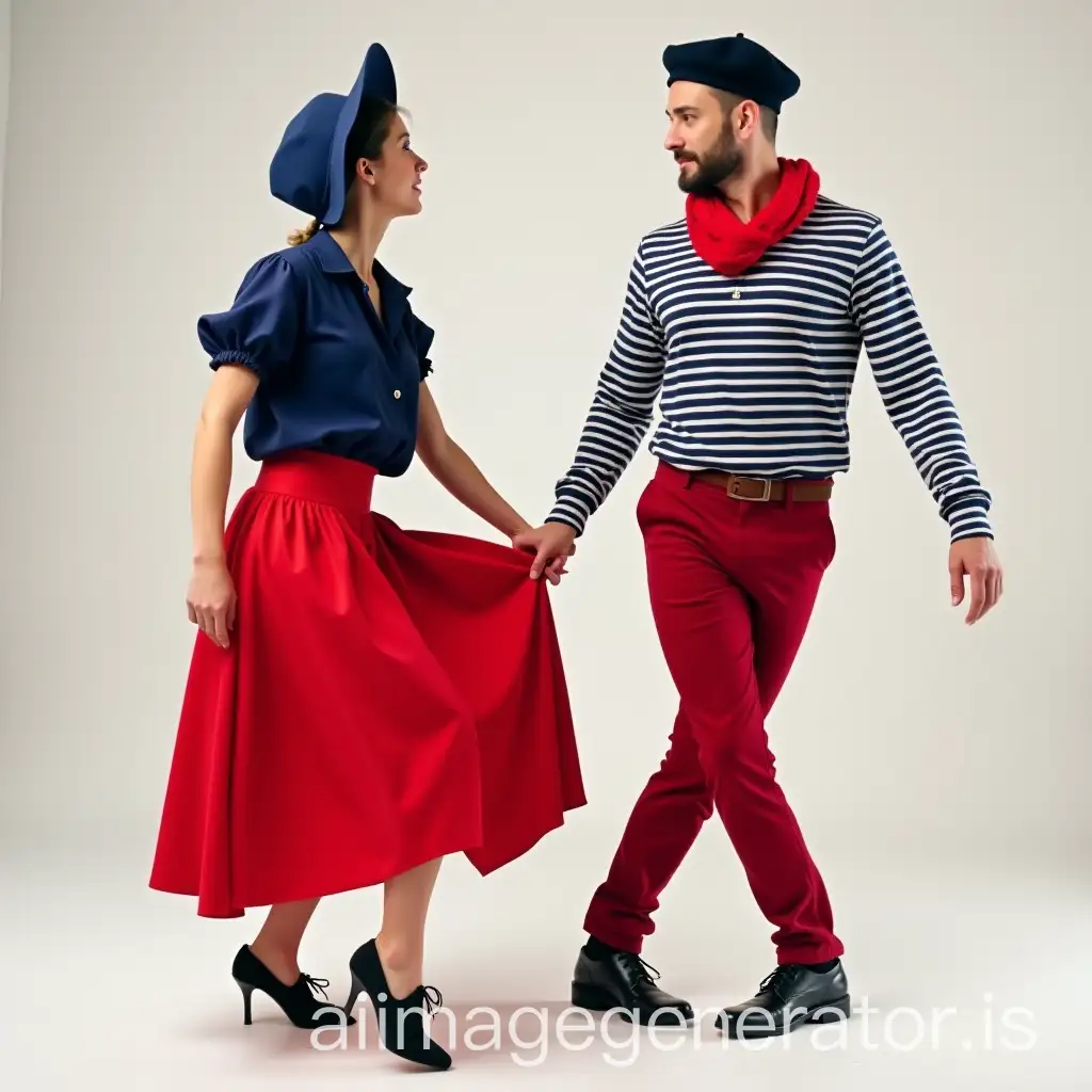 a couple of Gascon dancers. The female dancer with a navy blue blouse, a red solid skirt, a blue bonnet, black shoes with laces. The male dancer with a striped blue and white shirt, red pants, a red scarf around the neck, a beret, black shoes