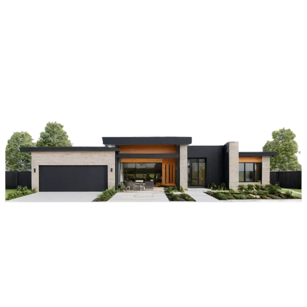 modern one story minimalist house 8 wide front x 20 deep back, with 2 cars finished in stone, wood and black steel