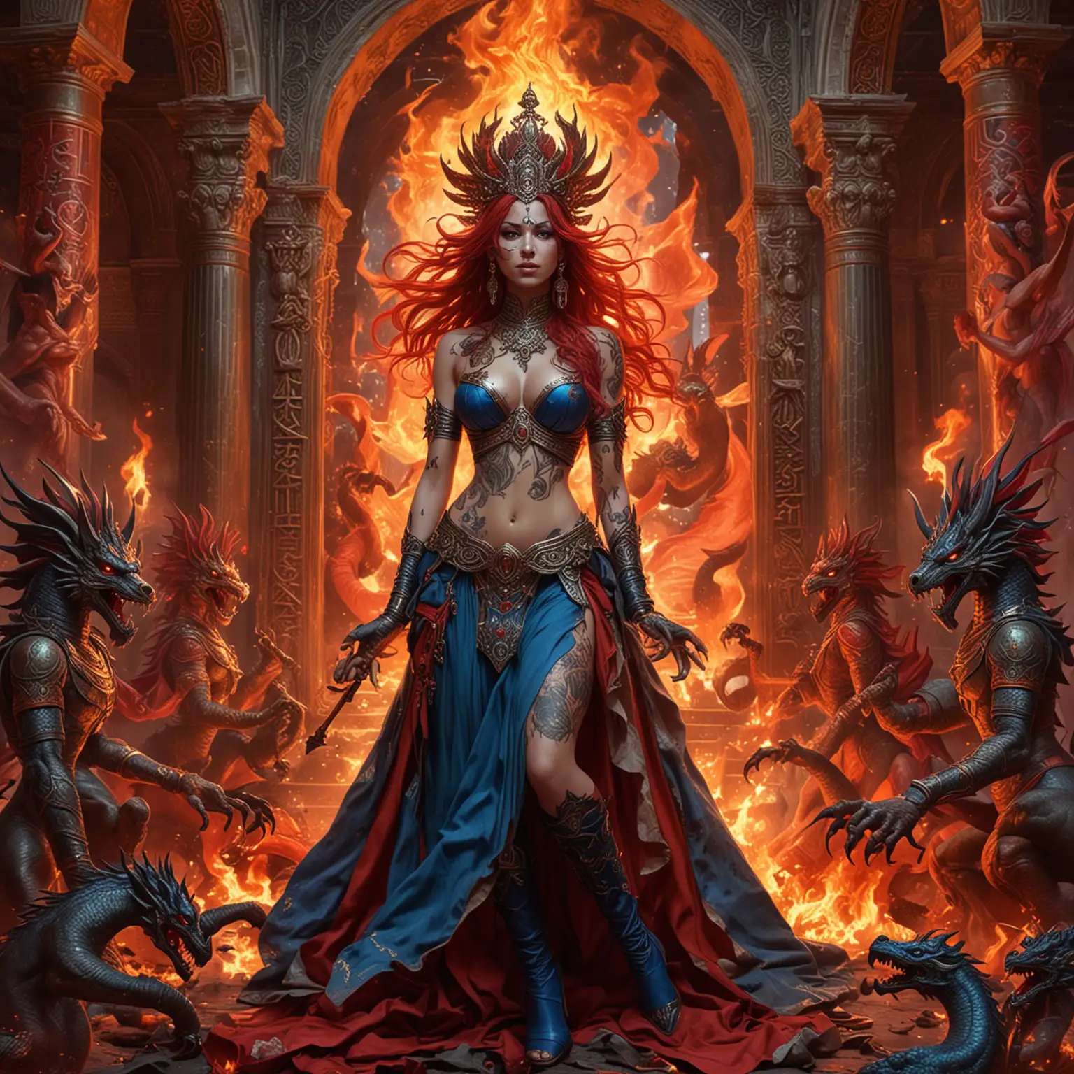 Empress Goddesses Commanding Fire and Dragons in a Majestic Battle