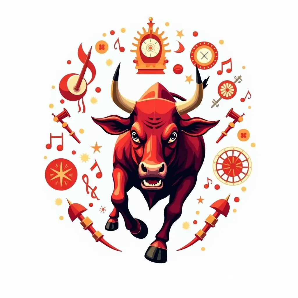 Angry-Red-Bull-Jumping-with-Ethnic-Musical-Symbols-on-White-Background