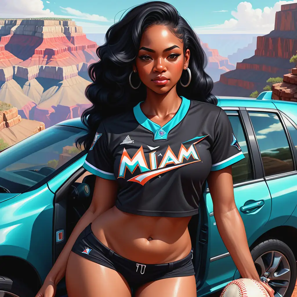 Medium Skin Tone Black Woman in Miami Marlins Shirt Exploring Grand Canyon