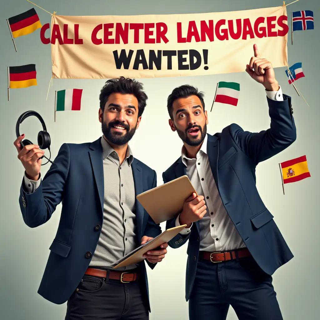 Create a high-energy promotional scene featuring Egyptian actors Ahmed Ezz and Ahmed El-Sakka. Ahmed Ezz is confidently holding a headset and a clipboard, while Ahmed El-Sakka is dramatically pointing to a banner that reads ‘Call Center Languages Wanted!’ Both are dressed stylishly, surrounded by colorful icons of different flags (Germany, France, Italy, Spain, etc.). The atmosphere is comedic and professional, with a mix of humor and excitement.