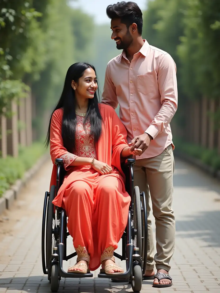 A young Indian girl is sitting in a wheelchair. She is wearing beautiful salwar kammez. She is wearing beautiful sandals and her legs are placed properly on the footrest of the wheelchair. She has beautifu long black hair. Her skin tone is fair and glowing. She used red lipstick. She is smiling gently and looking very pretty. Her boyfriend is standing beside her. He is wearing beautiful shirt and pant. She is tall and handsome. He is holding the hand of the girl. He is smiling gently. The image should be clearly visible from head to feet.