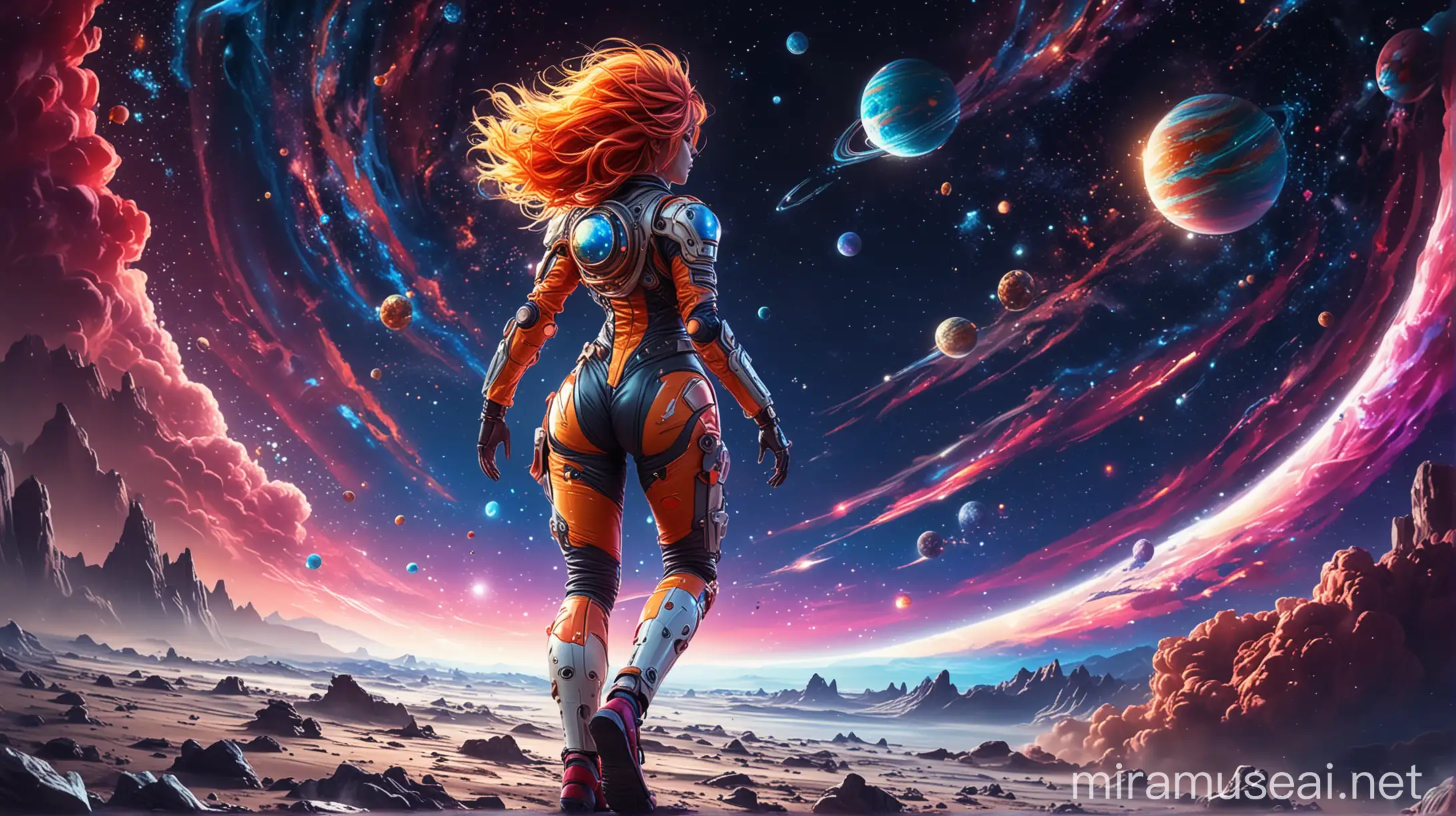 Vibrant Futuristic Woman Running Under a Colorful Night Sky