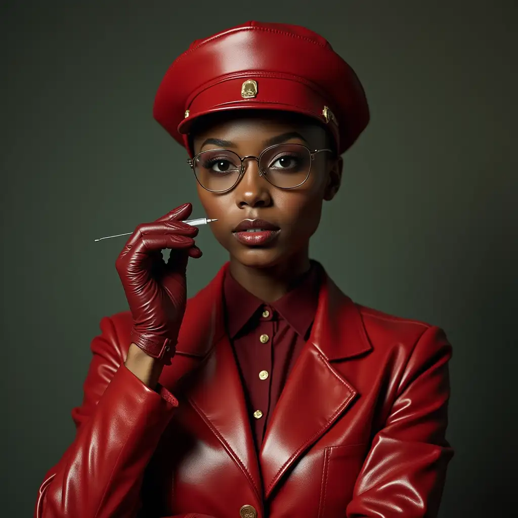 African-Nurse-in-Red-Leather-Uniform-with-Injection-Needle-and-Military-Hat