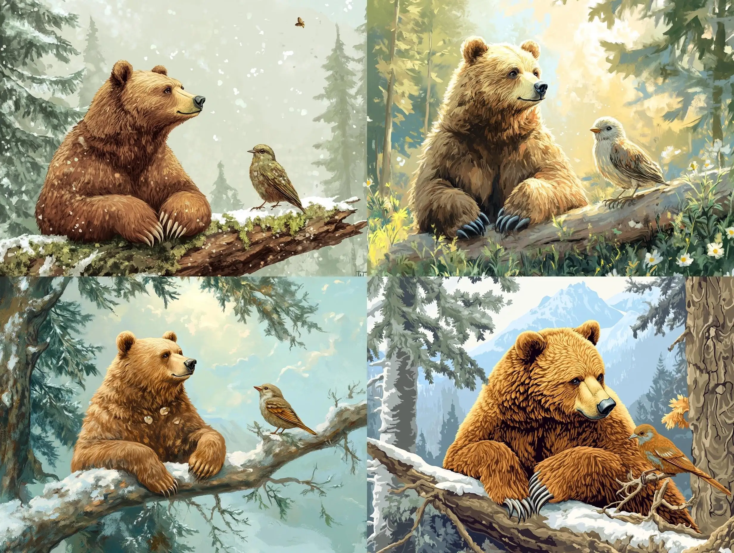 Brown-Bear-and-Cedar-Bird-Sitting-on-a-Cedar-Tree-in-Altai-Atmosphere