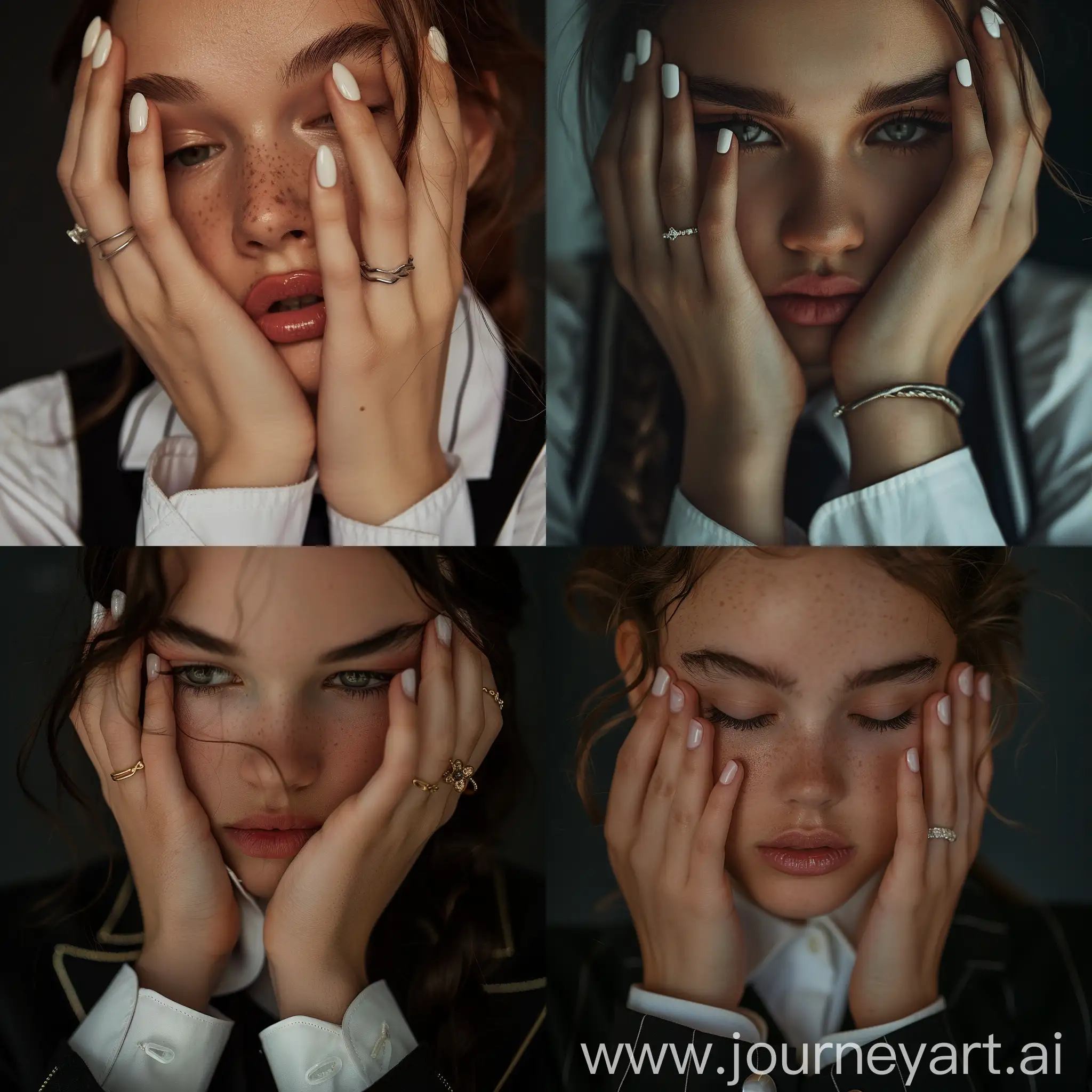 Somber-Schoolgirl-with-Hands-on-Face-White-Gel-Nails-and-Rings