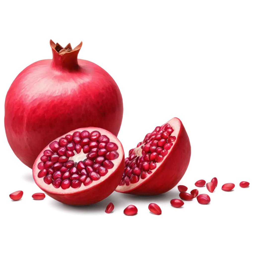 Juicy pomegranate in the style of realism and scattered nearby a little pomegranate seeds