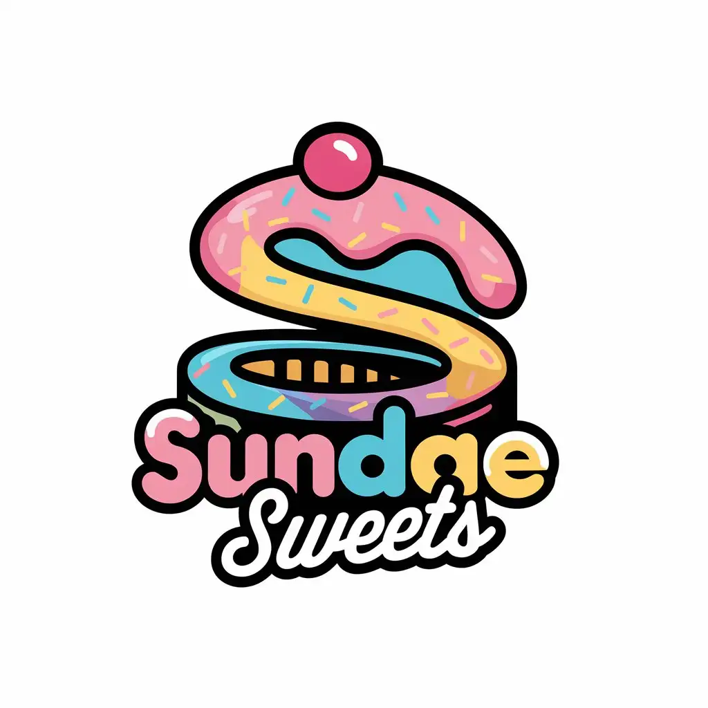 a vector logo design,with the text "Sundae Sweets", main symbol:Design a vibrant and playful logo for a cake business named 'Sundae Sweets.' Incorporate a colorful cake that intertwines with the letters of the business name. The style should be fun and inviting, with the cake elements seamlessly blending into the typography. Use bright, cheerful colors like pastel pinks, blues, and yellows to convey sweetness and creativity.,complex,be used in Restaurant industry,clear background