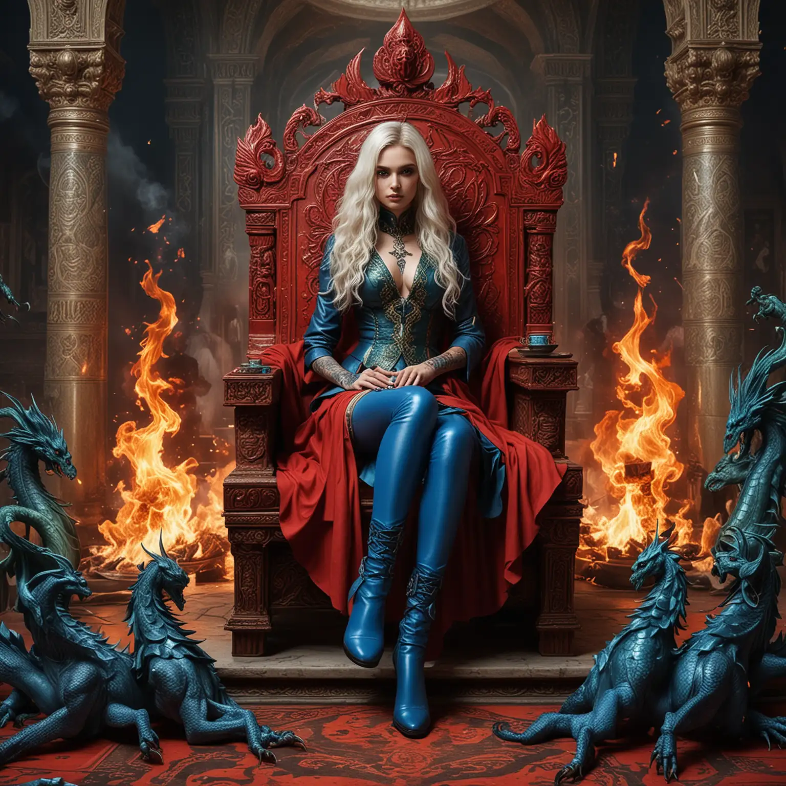 Majestic Empress Sorceress Surrounded by Fiery Dragons