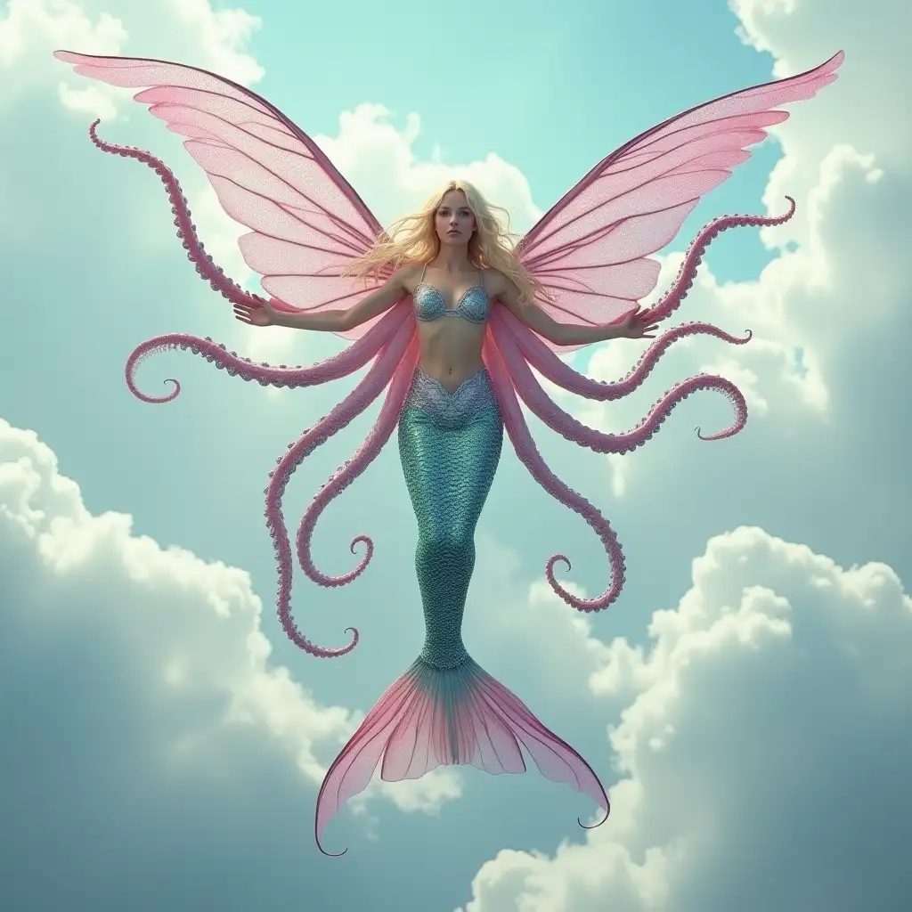 A photo of a blonde-haired mermaid with gigantic, long, shiny, webbed, membranous pink and blue wings flying in the sky between the clouds. She has many very long octopus tentacles growing from the waist. The mermaid has long pink and green scaly fish tail. She is flapping her wings. The background is filled with clouds.