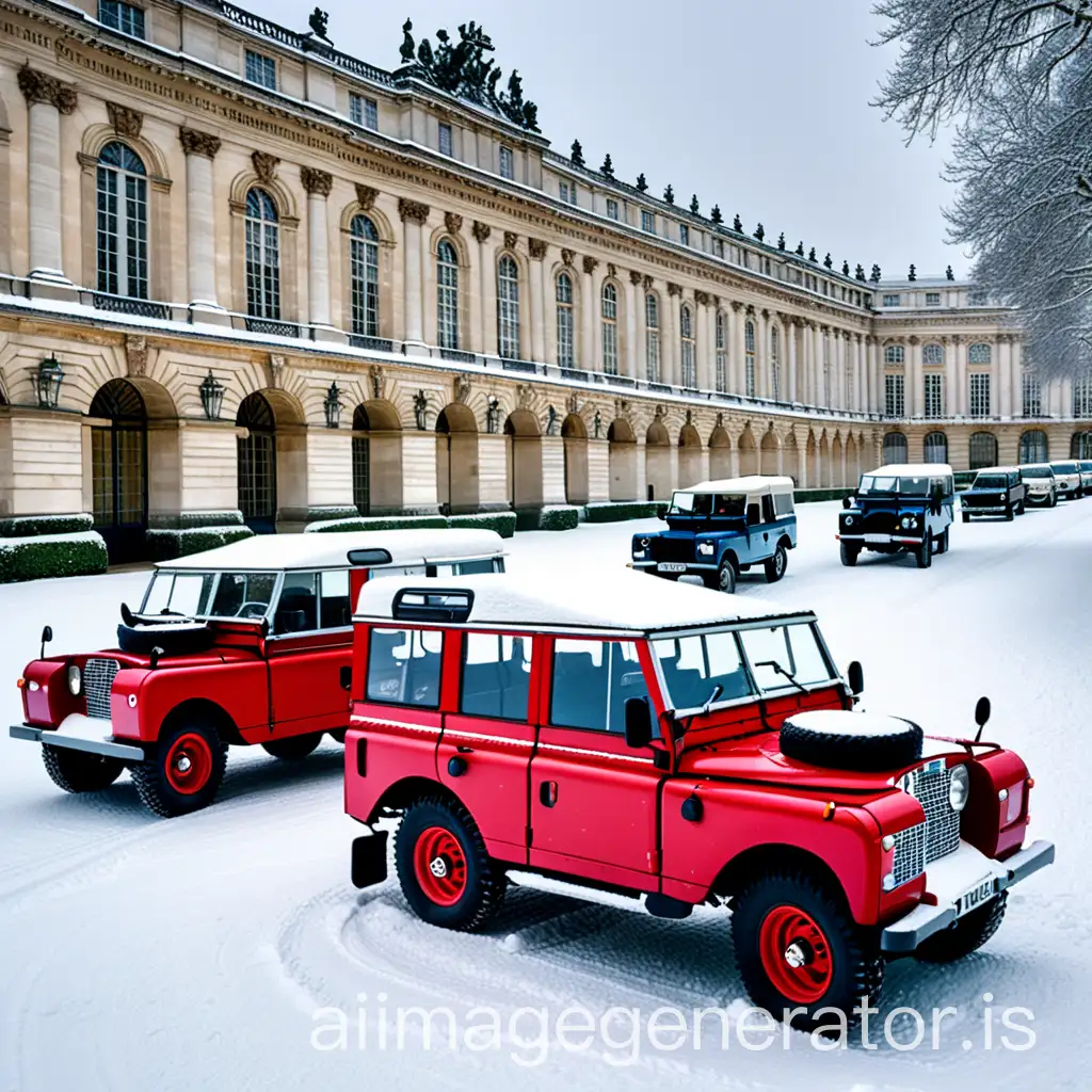 old Land Rover Series 1, 2 and 3 and Range Rover Classic decorated for Christmas driving on the Brochart square in Versailles under snow