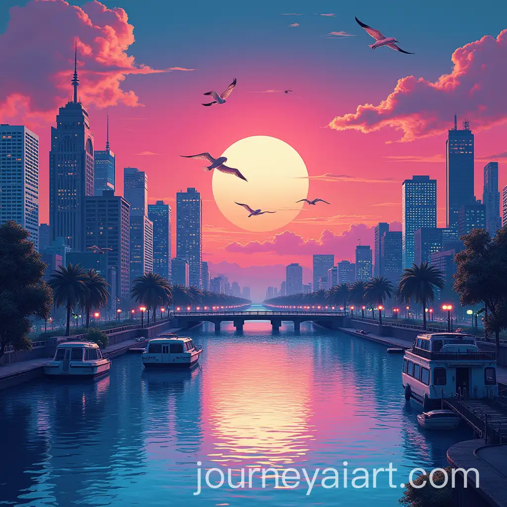Retro-Nu-Wave-Cityscape-with-River-for-Phone-Wallpaper
