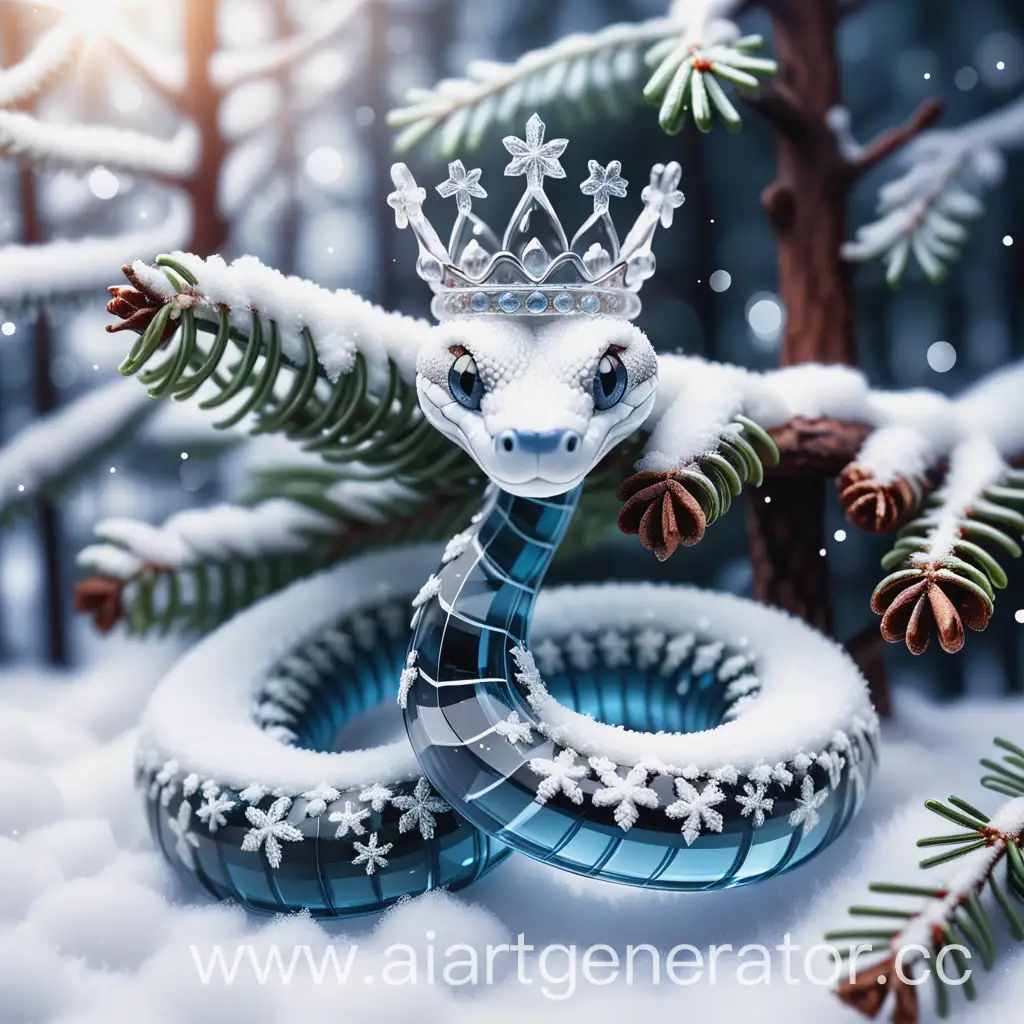 Glass-Crystal-Snake-with-Snowflake-Crown-on-SnowCovered-Fir-Tree