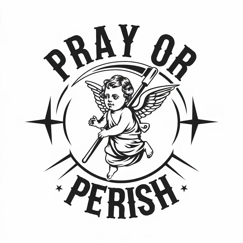 LOGO Design for Pray or Perish Flying Baby Angel with Scythe Tattoo Style for Religious Industry