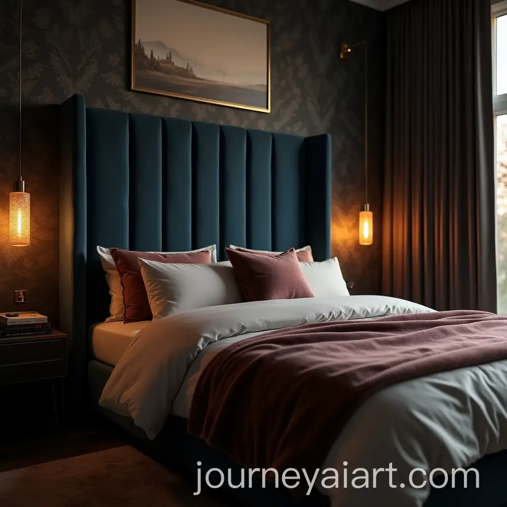 Luxurious-Bedroom-at-Golden-Hour-with-Velvet-Accents-and-Elegant-Details