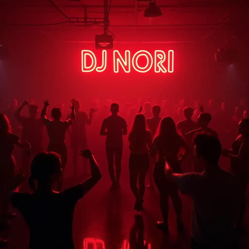 Red neon with the name 'DJ NORI', around is full of producers, singers, rappers and beautiful girls. The neon stands out and everyone pays attention to it.