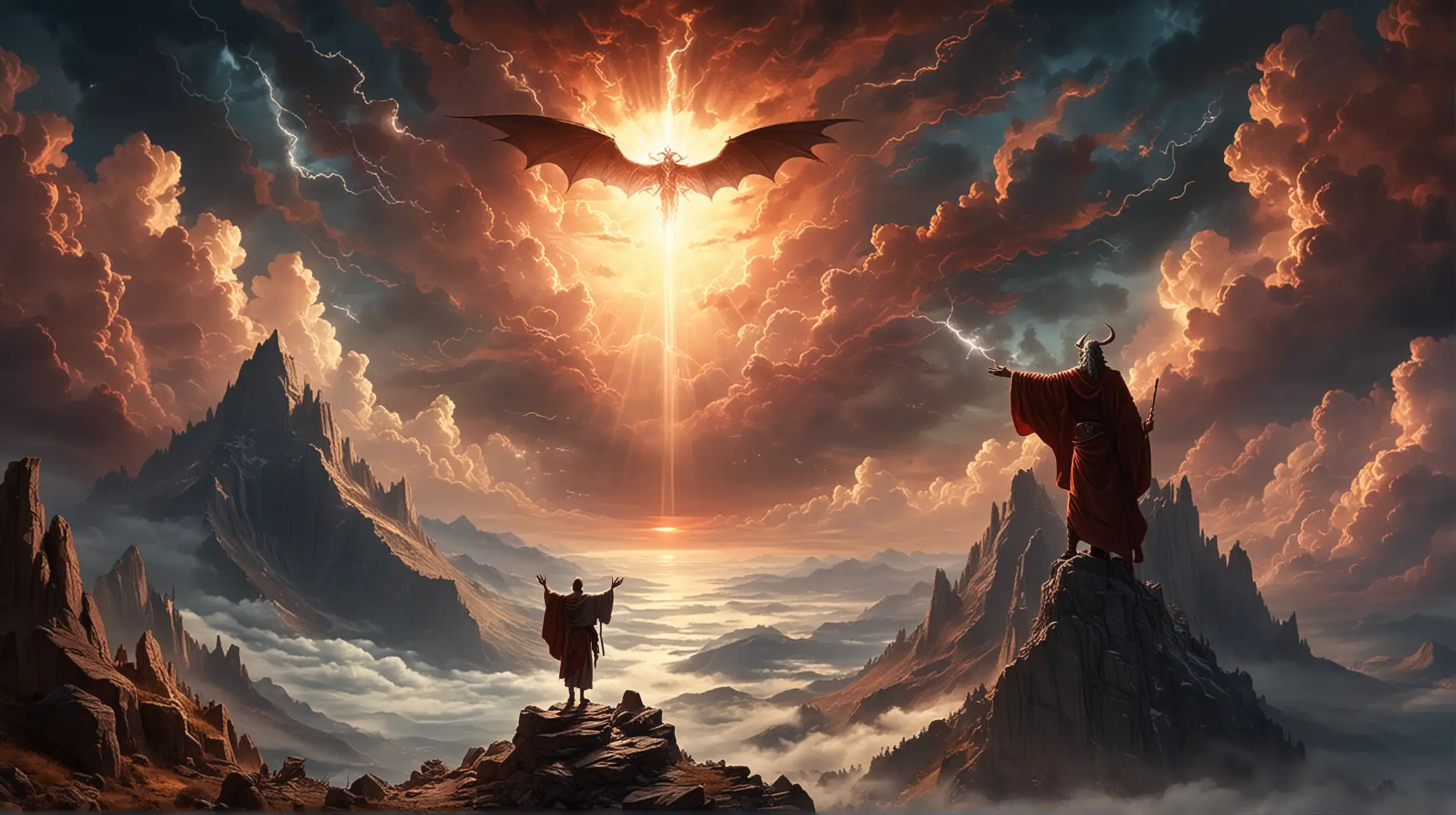 Divine Encounter God and Satan on Mountain Top with Magnificent Sky