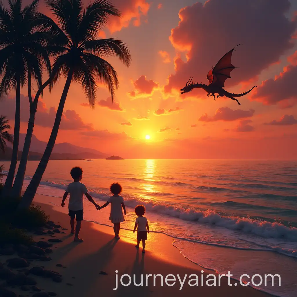 ChildrenAI-Image-Prompt-Expansion-Playing-on-the-Beach-at-Sunset-with-a-Dragon-Circling-on-the-Horizon