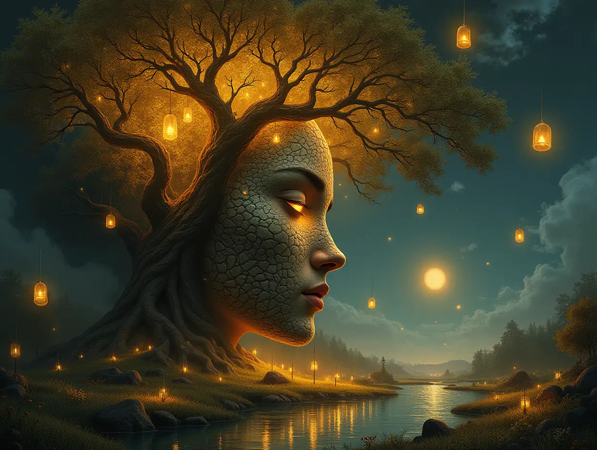 Creating a digital painting of a face with leuchtkugel hair, that transforms into a building with gold stones and illuminated trees with golden roots and a river with floating leuchtkugeln and lanterns and strange fairy beings on a meadow