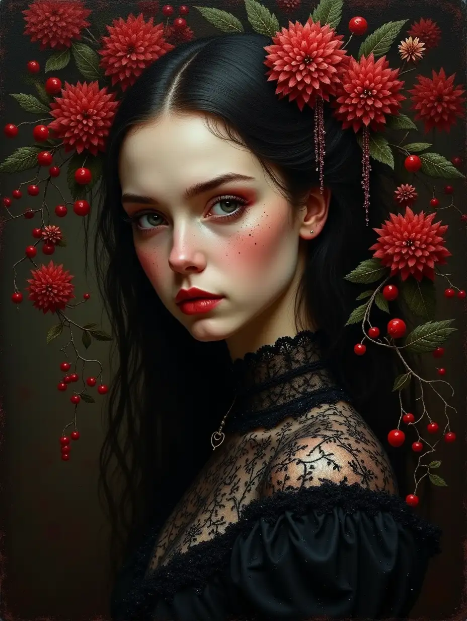 The painting is modern, vintage, folk. A young aristocrat woman, delicate facial features, a witch woman, Gothic costume, dark botany, among poisonous flowers and ratennia, frosty dark colors, patterned, cranberries, lingonberries, drops, berry juice, elegant, refined, on a dark background, hyperdetalization, dust, beautiful, fantasy