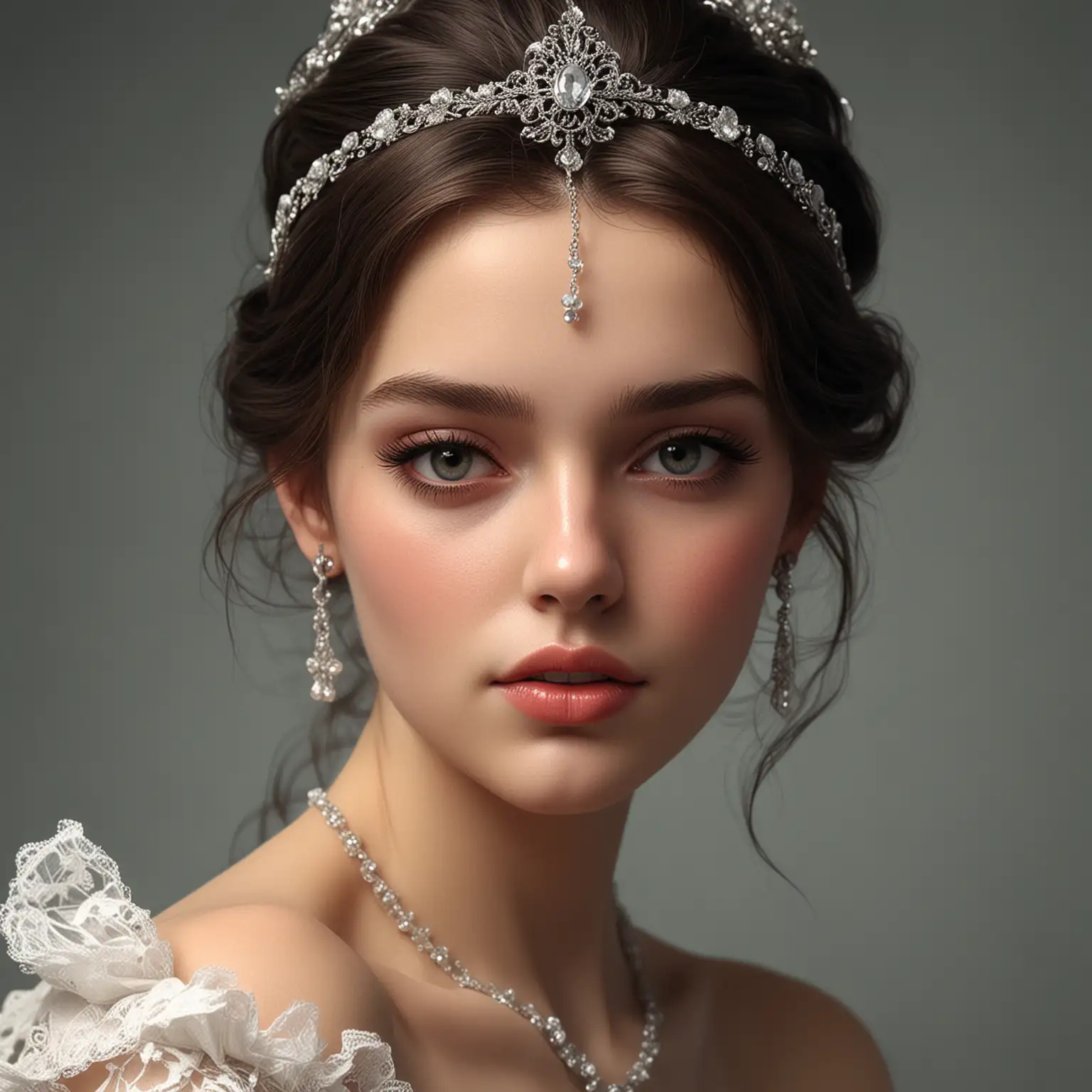 Charming French girl, photo-realistic style, seductive expression, exquisite headpiece, admirable.