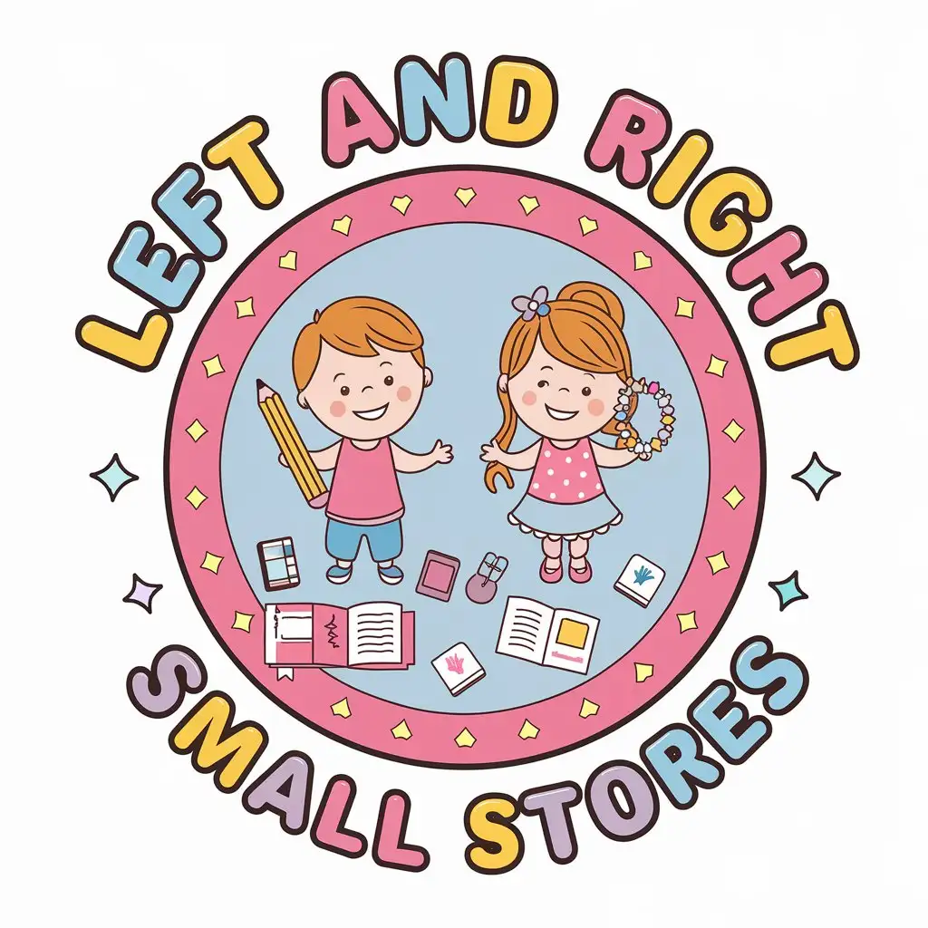 a vector logo design,with the text "left and right small stores", main symbol:Overall layout: The logo is designed in a circular shape to symbolize fulfillment and affinity.
Center Position: The cartoon avatars of the little boy and the little girl are placed in the center, with their body parts slightly overlapped, with the little boy on the left and the little girl on the right, reflecting the concept of "left and right". The little boy is holding a colored pencil and the little girl is holding a beautiful bracelet.
At their feet, merchandise elements such as some open notebooks, cute erasers, and a couple of creative postcards are placed, arranged in a naturally scattered manner.
Decoration around the perimeter: On the edges of the circle, decorate with some little stars and hearts, which surround little boys and little girls and merchandising elements.
Text design: "Left and right shop" four words are placed above the cartoon avatar, and the font is colorful, with a cartoon-style rounded font.
Color matching: mainly use pink (representing sweet, cute, suitable for little girl elements), blue (representing fresh, lively, suitable for little boy elements), yellow (representing bright, cheerful, used for decorative elements and some product elements). The style is simple and cartoonish,Minimalistic,be used in Retail industry,clear background