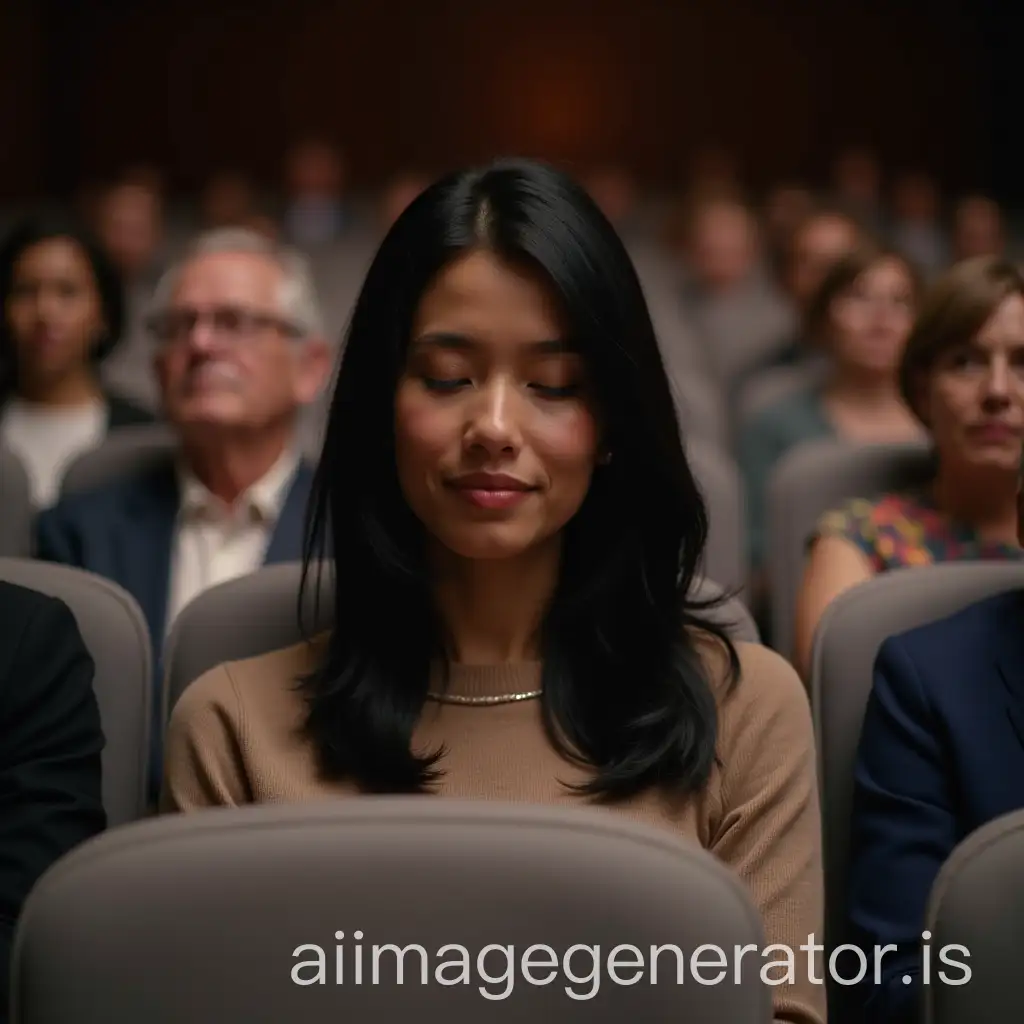 Realistically, a front view of a 40-year-old Latino woman with mid-length straight black hair, sitting in a fully occupied concert hall in a vineyard style, somewhat going into the overall. The chairs are light gray. A place next to her is free, next to her sits an older lady and her older companion