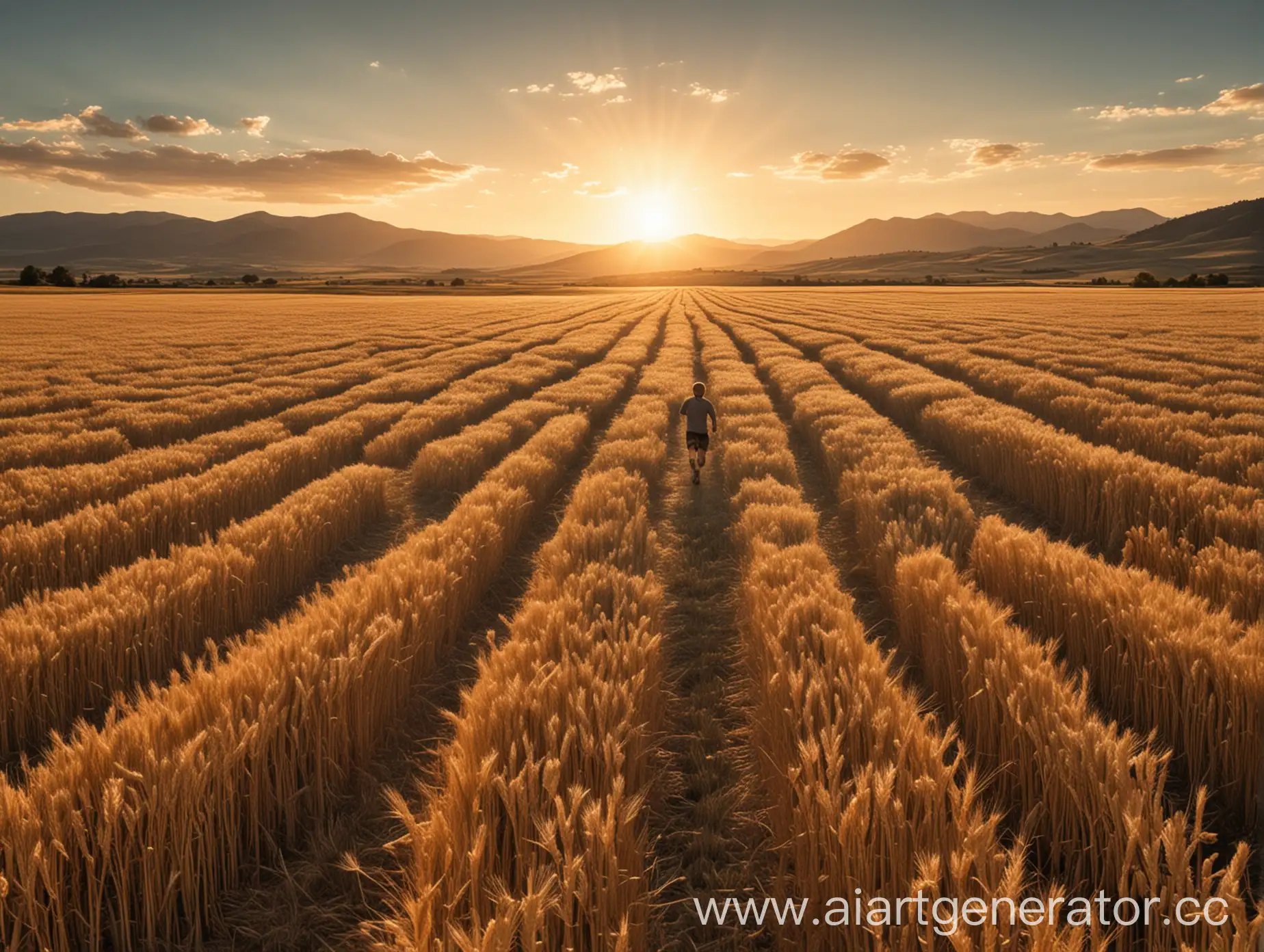 Scenic-Wheat-Field-with-Running-Figure-at-Sunset