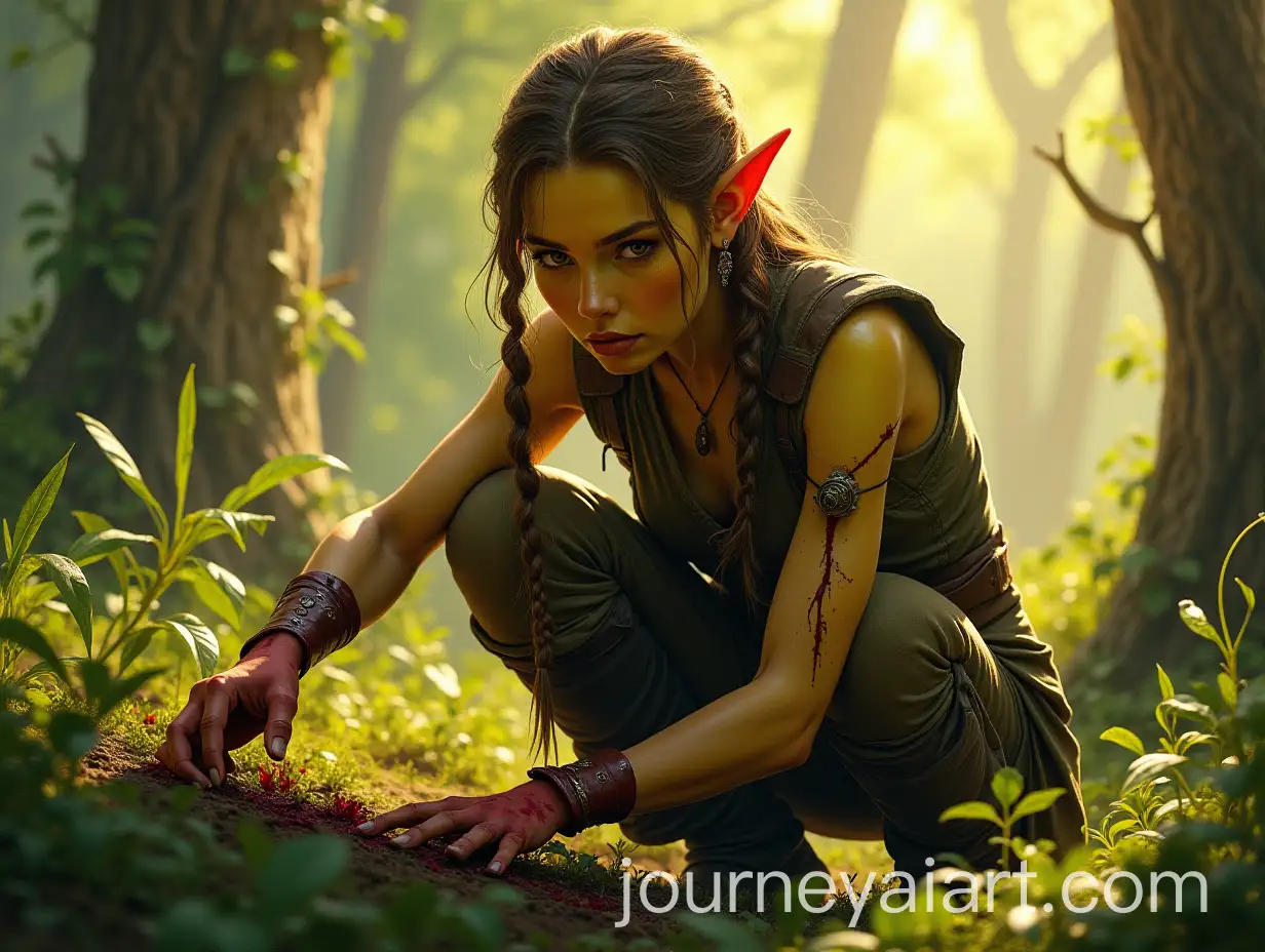 Female-Elf-Examining-Forest-Floor-with-Bright-Yellow-Skin-and-Braided-Hair