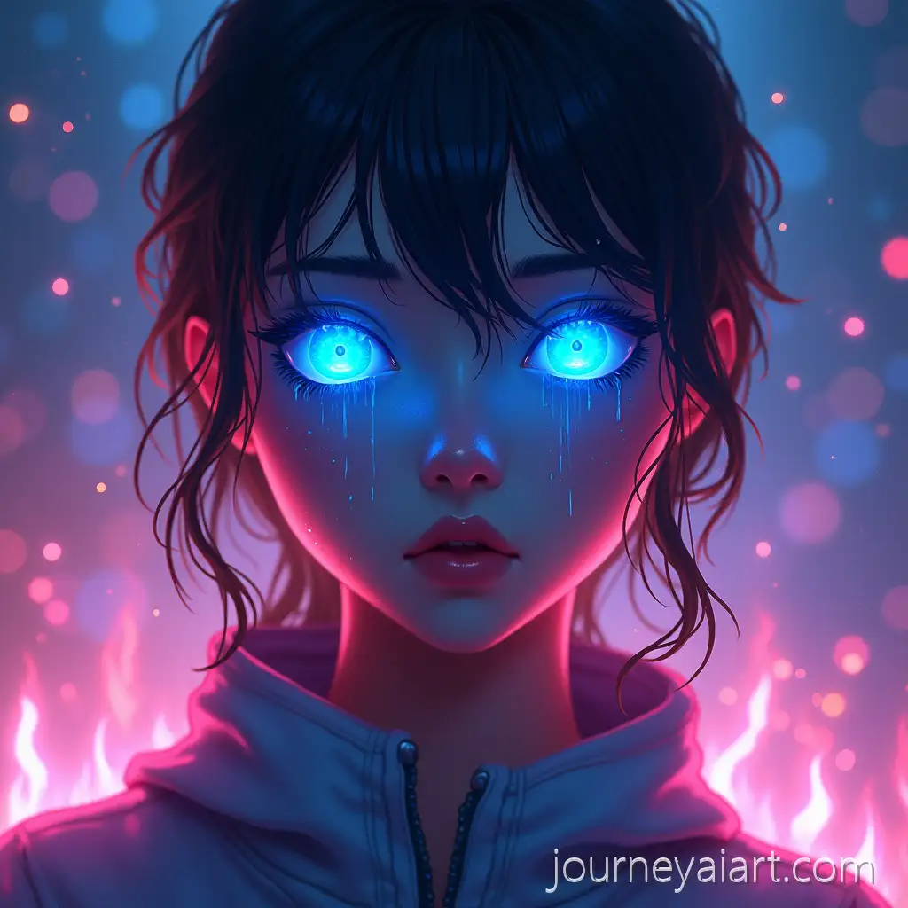 UltraRealistic-Girl-with-Glowing-Blue-Eyes-Amid-Colorful-Flaming-Rain