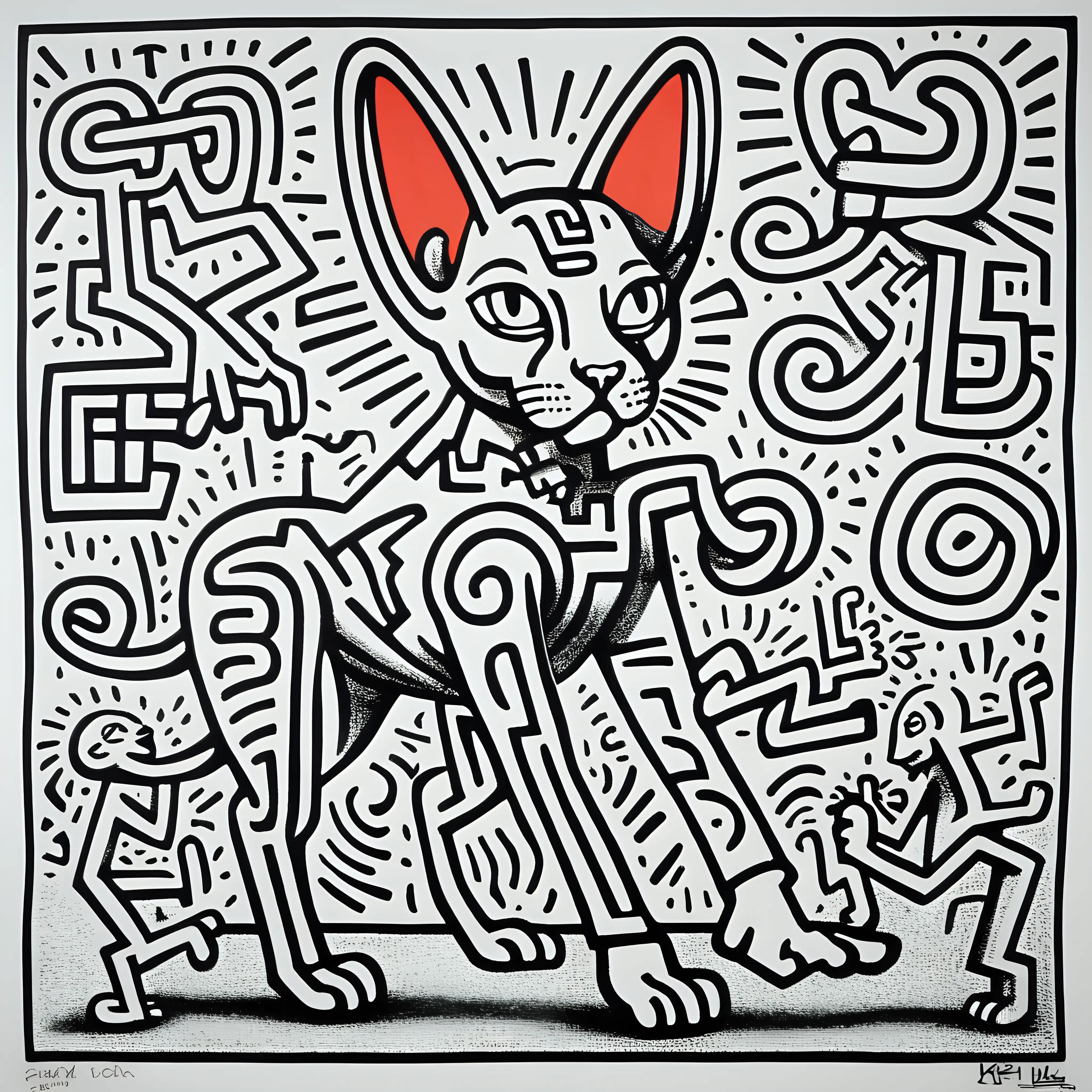 Hyperactive Sphynx Cat in Keith Haring Style Mural