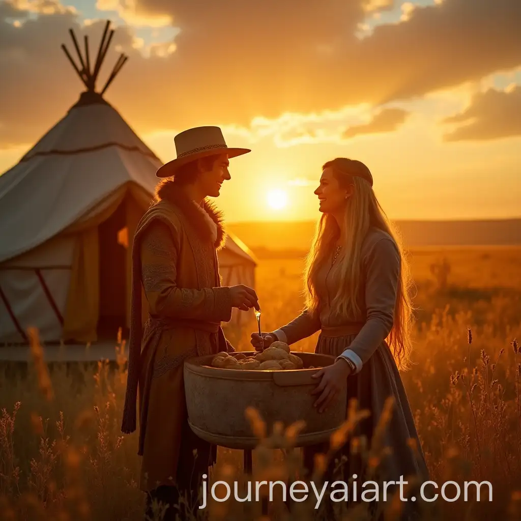 Golden-Prince-and-Princess-Baking-Magical-Bread-at-Sunrise-on-the-Kazakh-Steppe