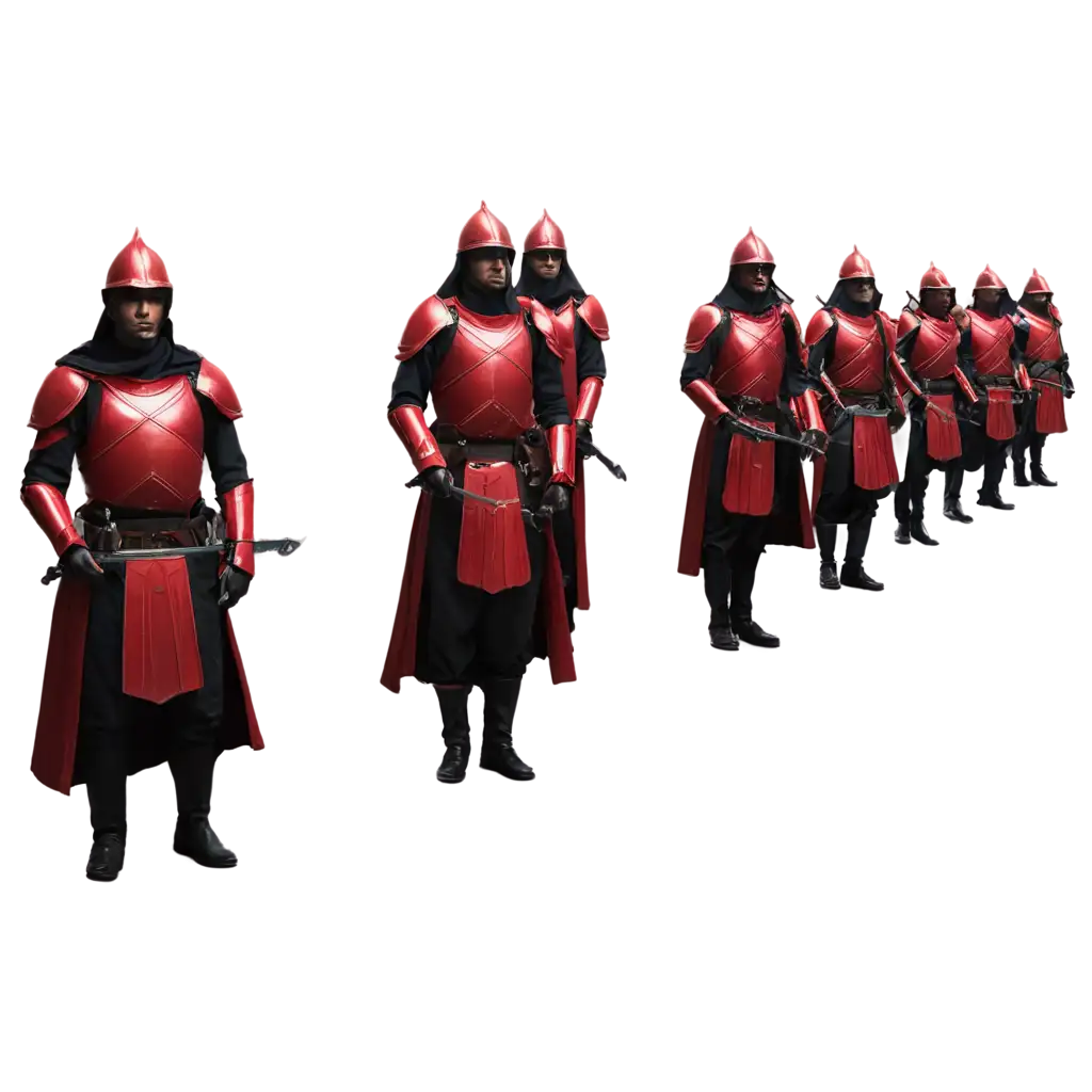 Neatly-Lined-Up-Troops-in-Red-Armor-Holding-Swords-HighQuality-PNG-for-Stunning-Visuals