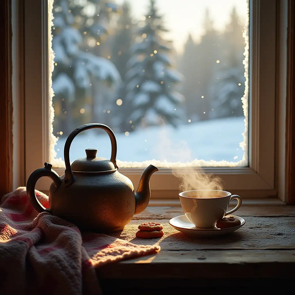 Cozy-Winter-Tea-Moment-with-Rustic-Teapot-and-Snowy-View