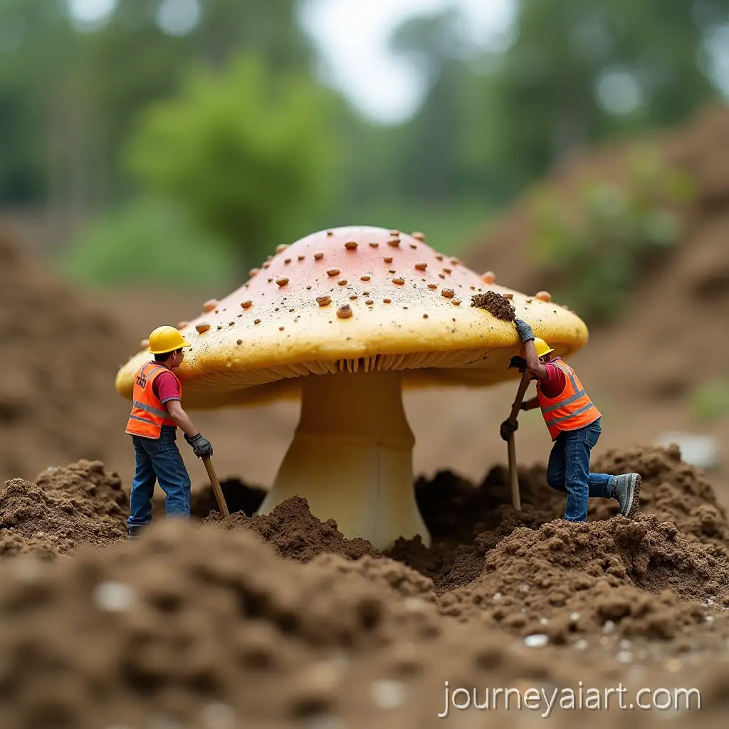Miniature-Construction-Workers-Digging-and-Moving-Giant-Mushroom-at-a-Construction-Site