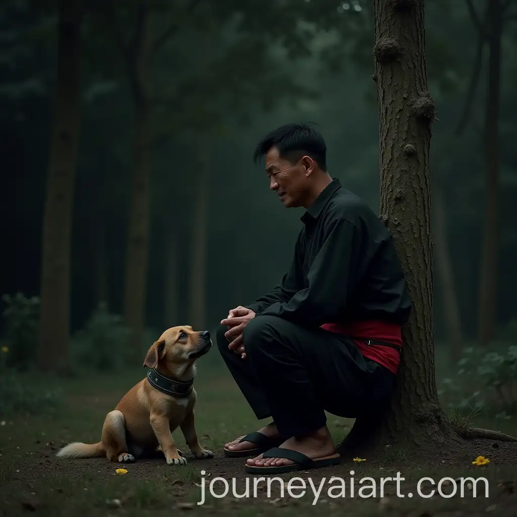 Hmong-Man-in-Traditional-Attire-Sitting-with-Dog-Both-Crying-in-a-Dark-Lonely-Setting