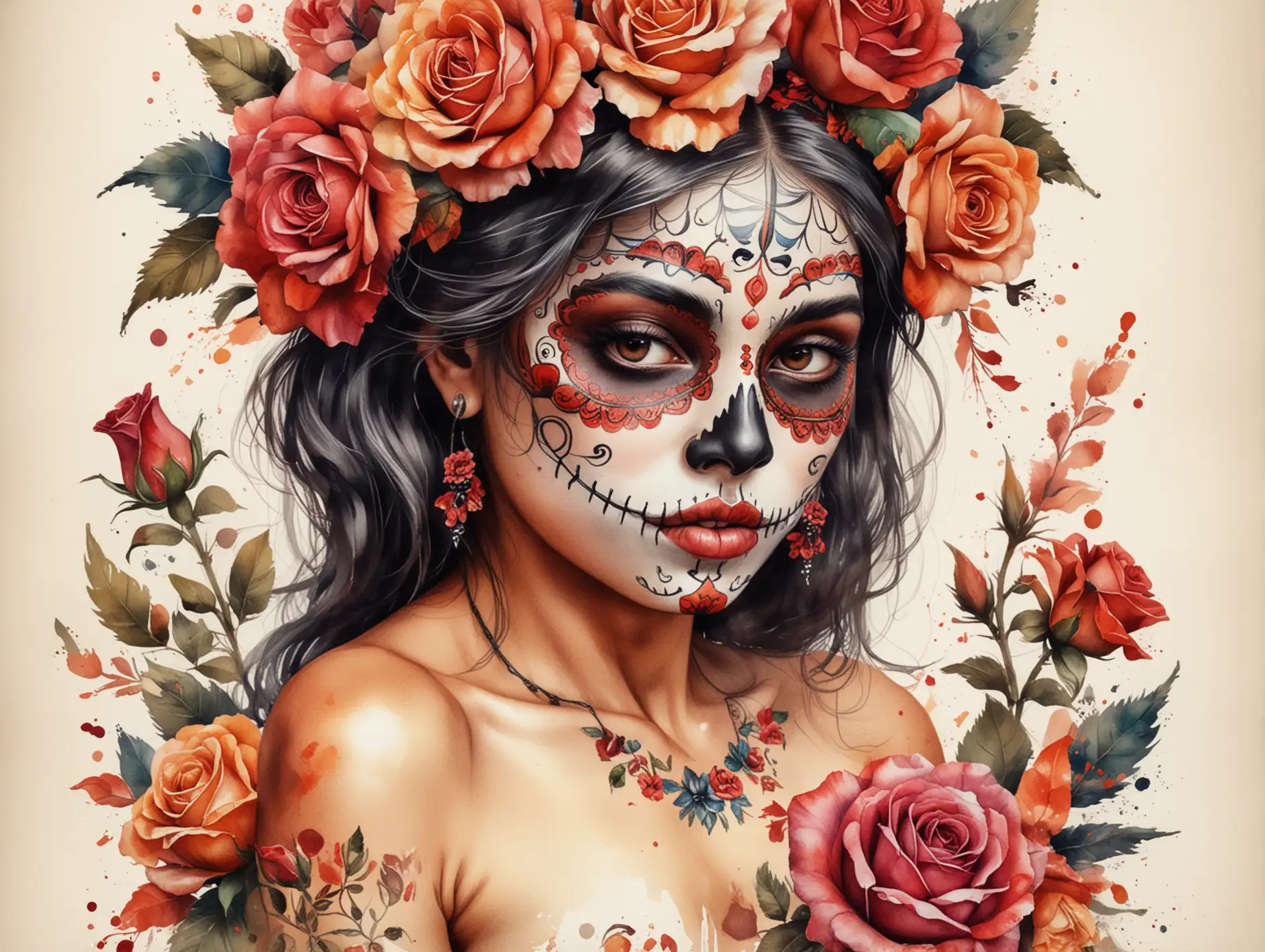 Vibrant-Watercolor-Portrait-of-a-Nude-Mexican-Girl-Celebrating-Day-of-the-Dead-with-Roses