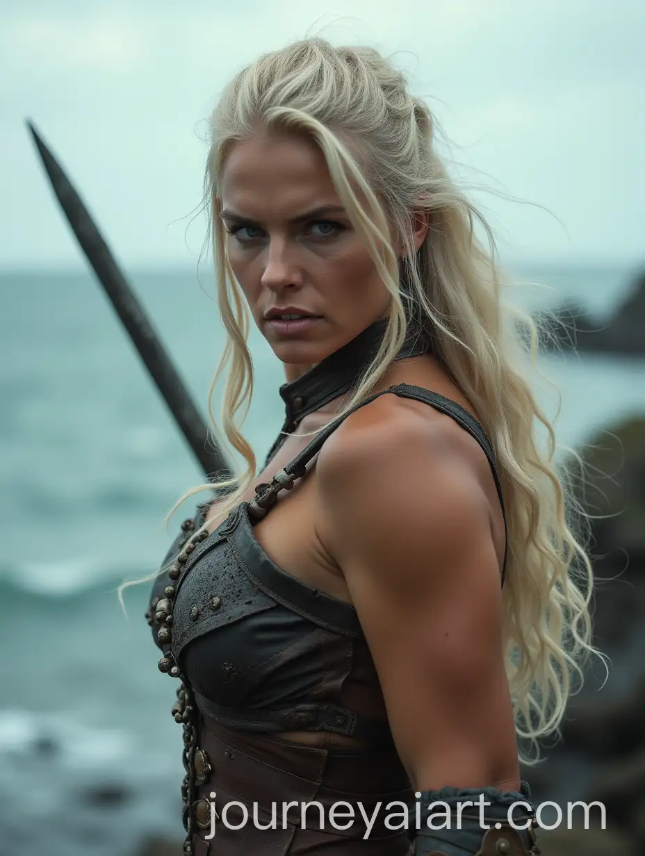Viking-Woman-Warrior-with-Long-Blonde-Hair-in-Battle-Pose-by-the-Sea