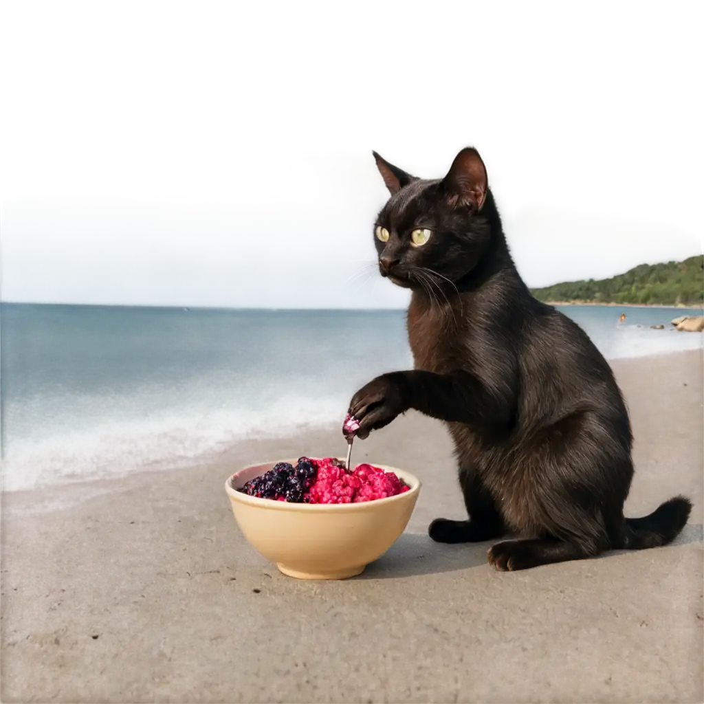 AaEating-Cat-PNG-Image-Enjoying-Tropical-Delights-at-the-Beach