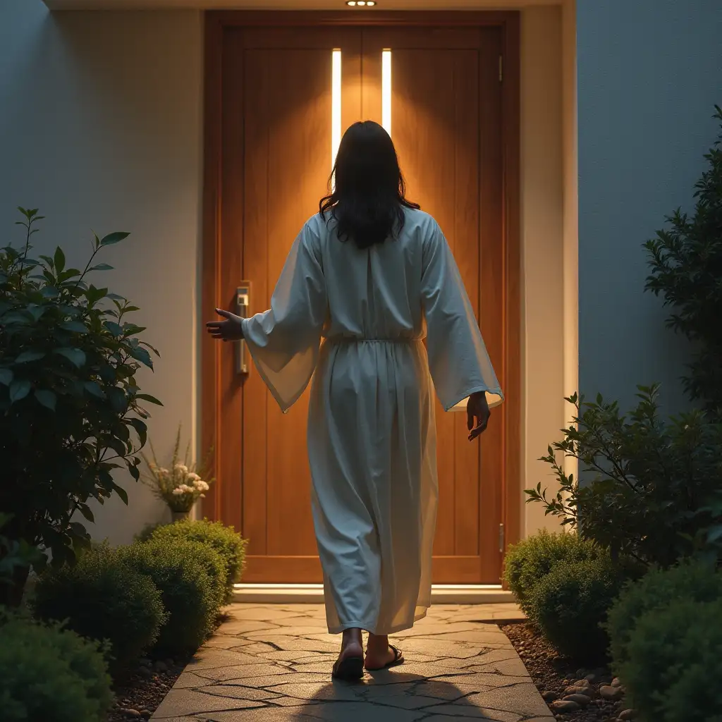 Jesus knocks at the closed front door of a modern house