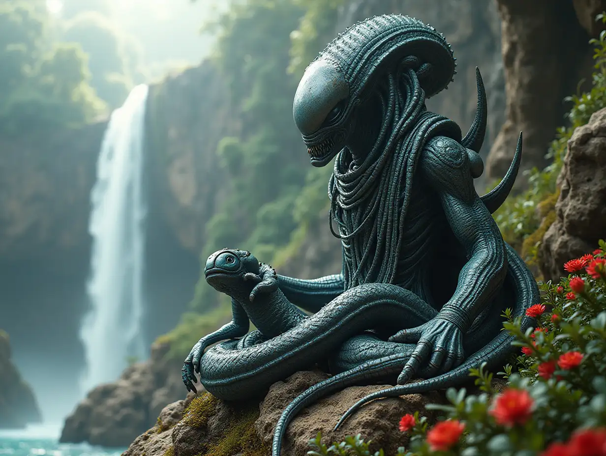 Hyperrealistic portrait of a 15 meter tall Metal Alien King with hair on a rock with thorny plants with different small /Alien with hair giant alien snake with elaborately detailed, colorful with rainforest, waterfall, sea plants-background