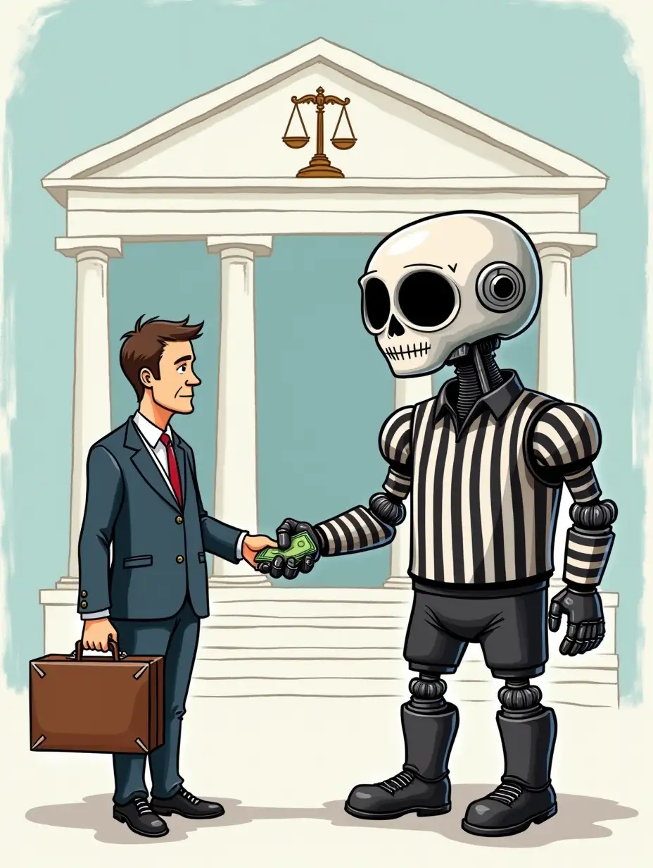 image style cartoon, drawing of a robot dressed as a football referee with black and white stripes. In front of the robot there are two people. The person on the right is dressed as a professional giving money to make a payment to another person on the left. The person on the left is a lawyer, holding a lawyer's briefcase in hand. In the background there is a building with the scales of justice logo