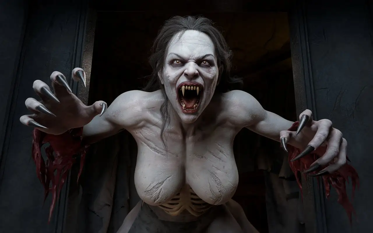 HyperRealistic-Female-Vampire-Emerging-from-Dark-Room-with-Aggressive-Posture