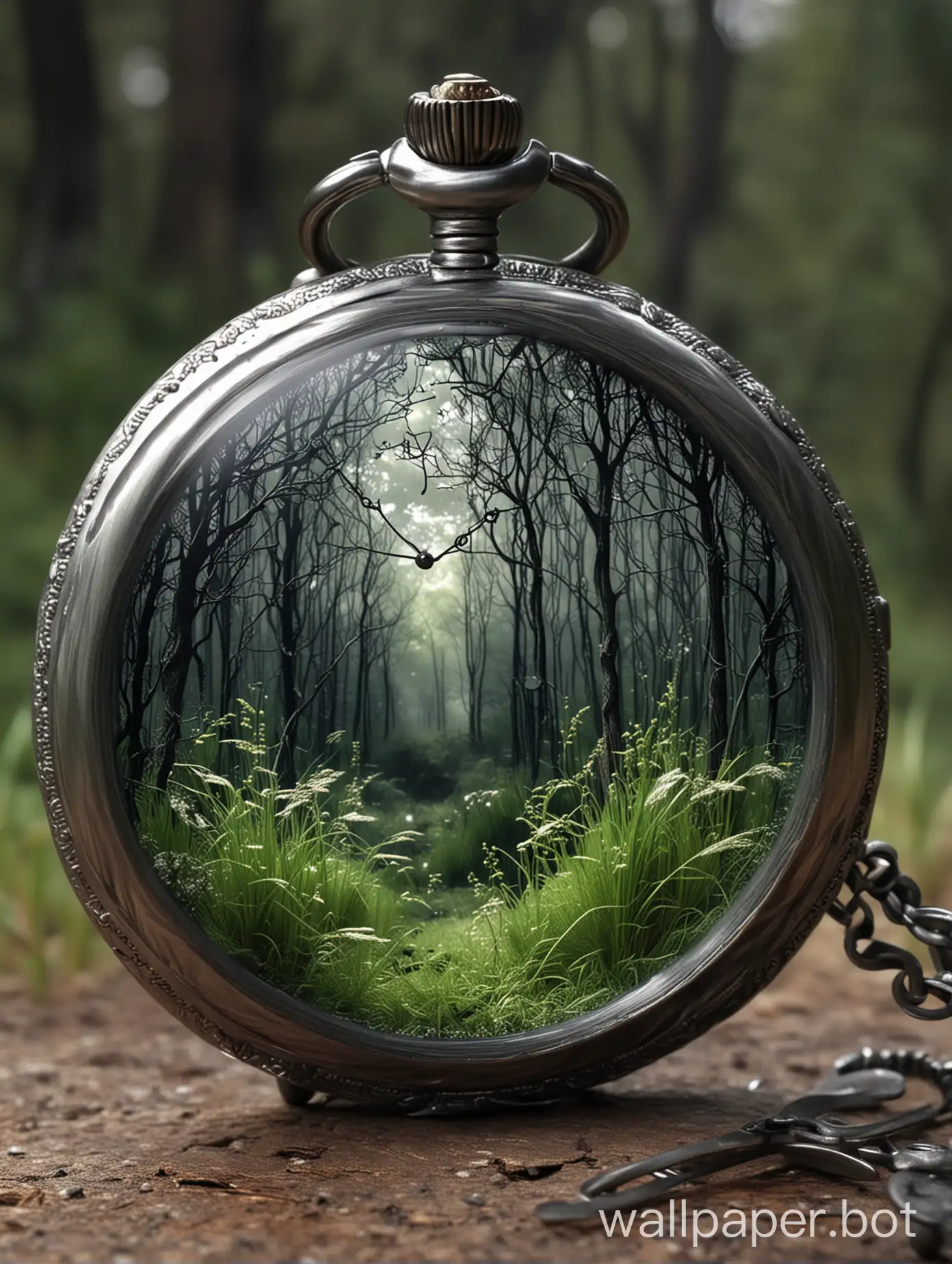 Magical forest with wild grass and foreboding trees in the glass of a titanium pocket watch