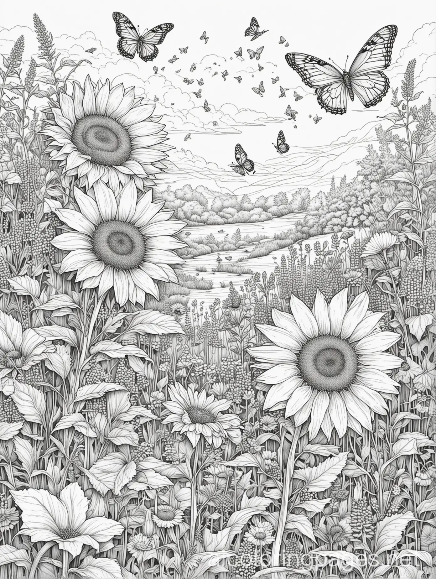 Wildflower-Meadow-with-Butterflies-and-Bees-Coloring-Page